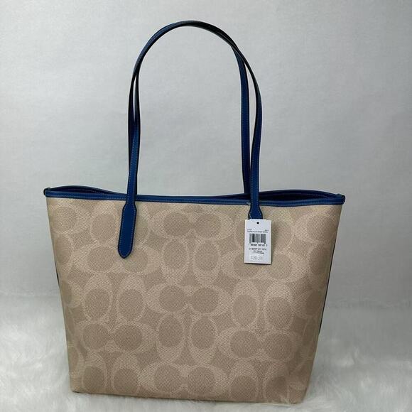 Coach City Tote Bag Signature Canvas W Coach Graphic Sand/Pacific Blue CY705 NWT - Picture 5 of 12